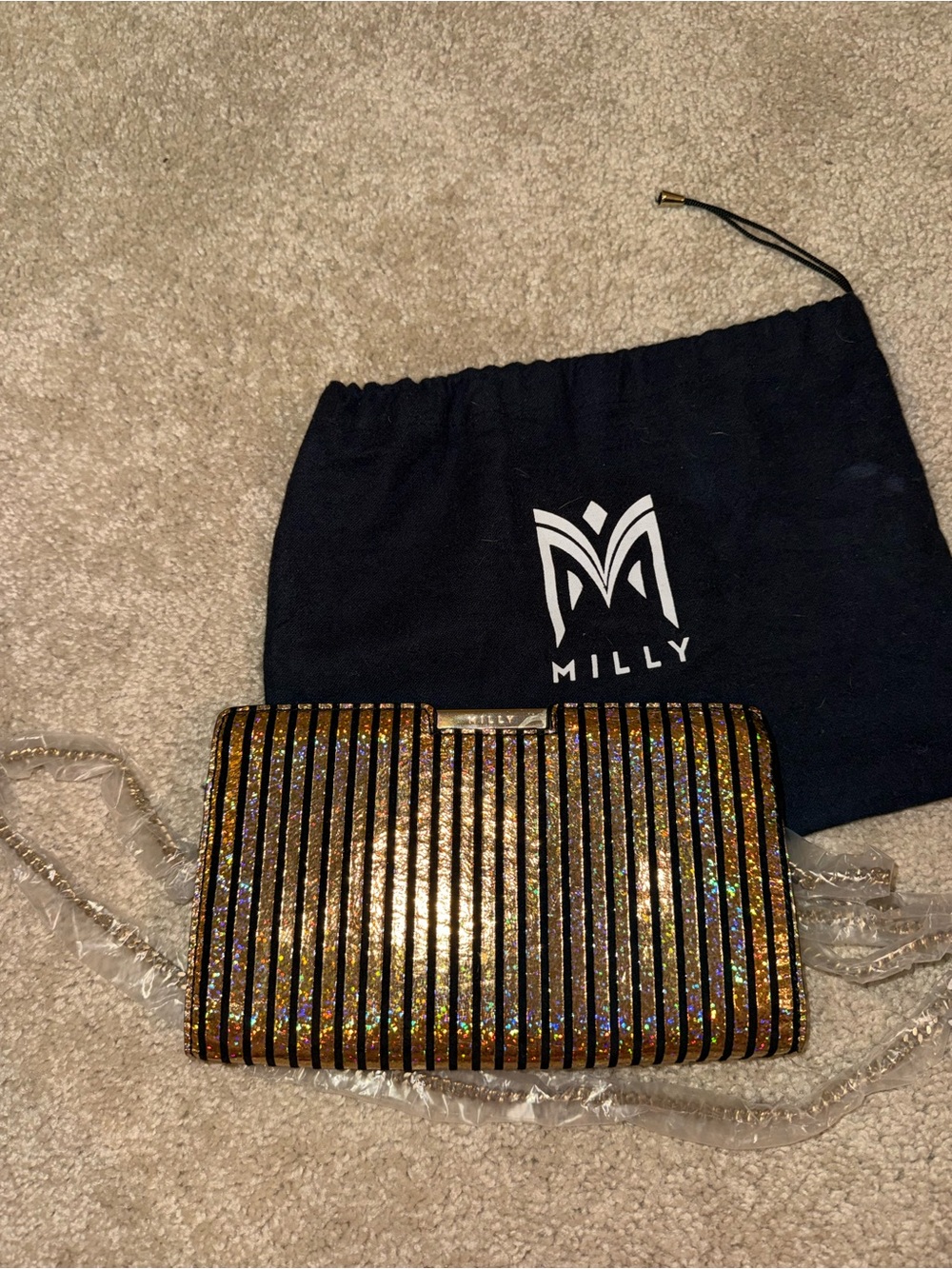 Milly Gold and Black Striped Glitter Convertible Clutch